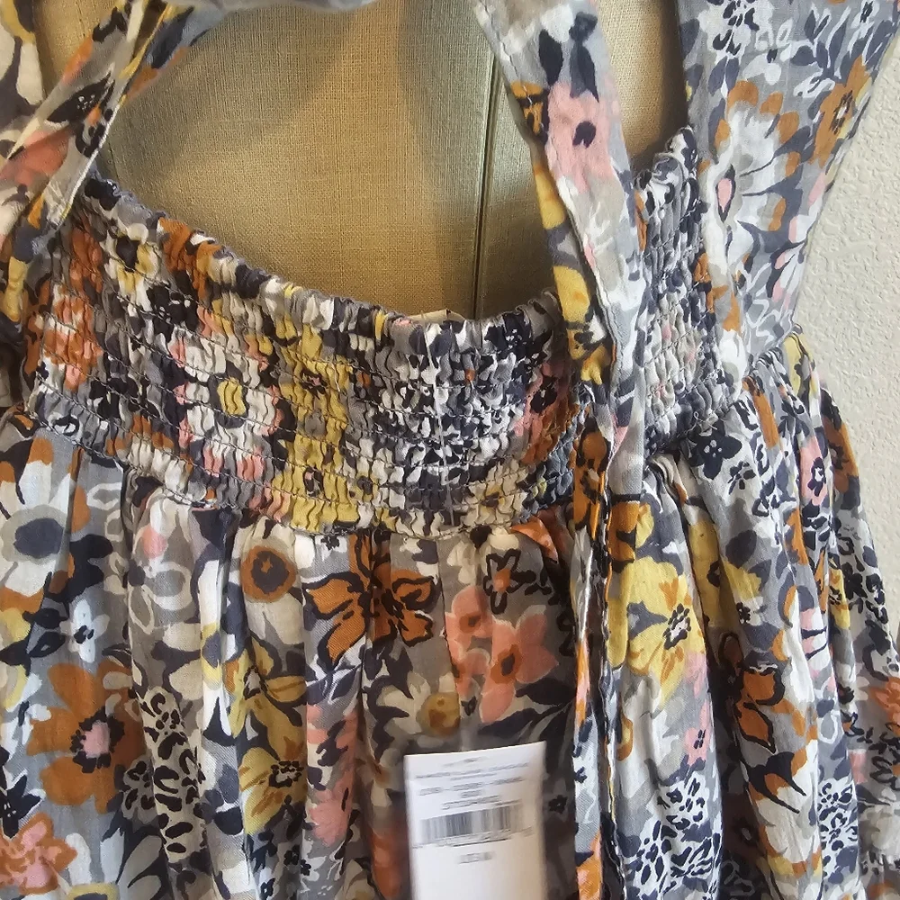 NWT AMERICAN EAGLE Puff Sleeve Tie Back Ruched Cotton Floral Short Dress Medium - Picture 10 of 15